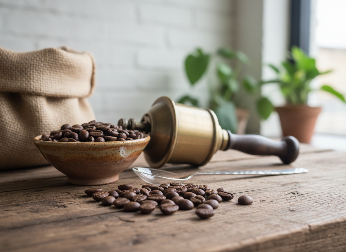 Detail of brewing tools and coffee beans on a roastery counter