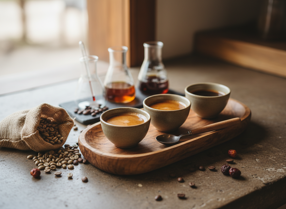 Close-up of coffee roasting tools and freshly roasted beans